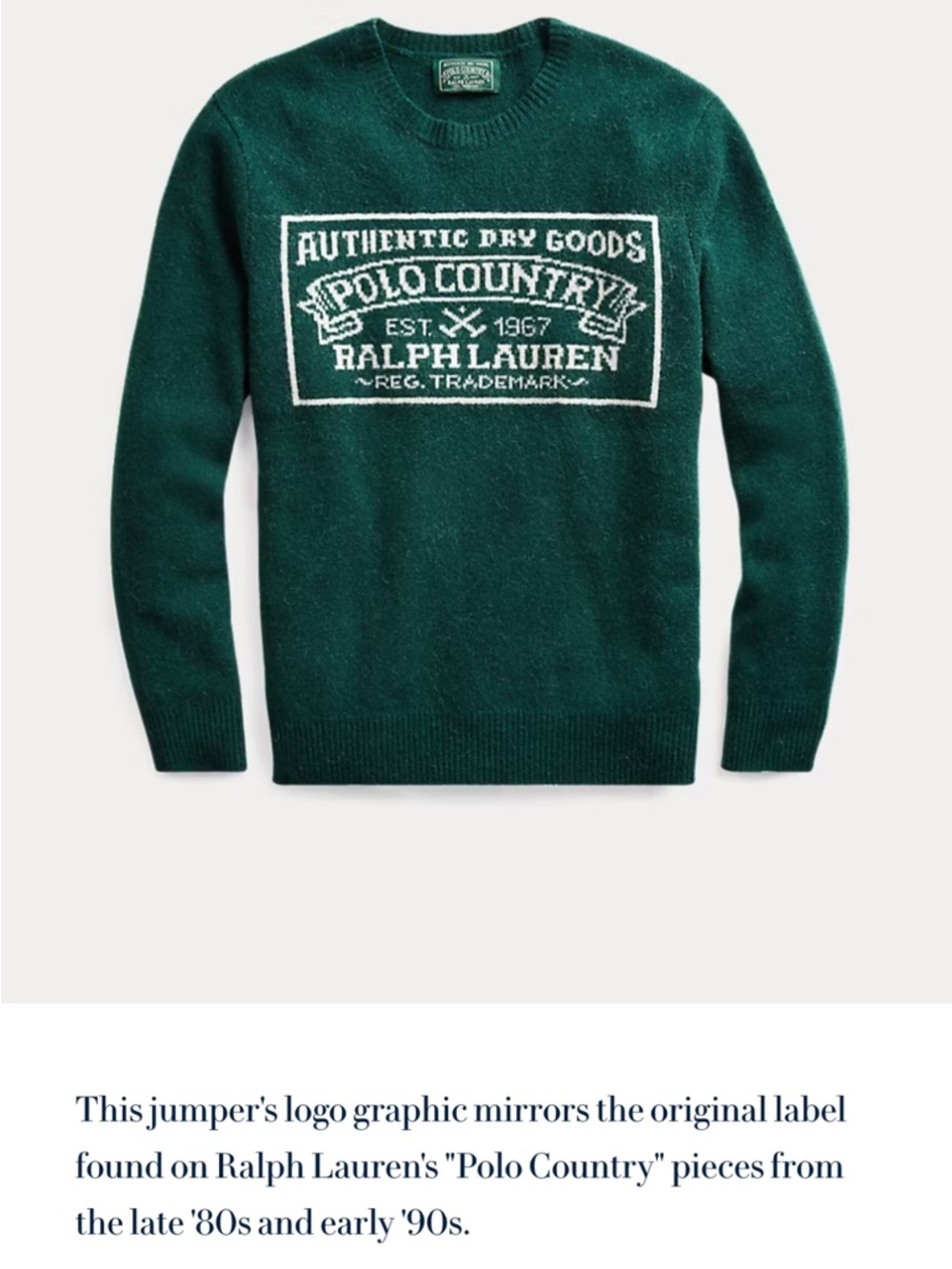 Polo Country Ralph Lauren Forest Green Logo Crewneck Wool  Sweater